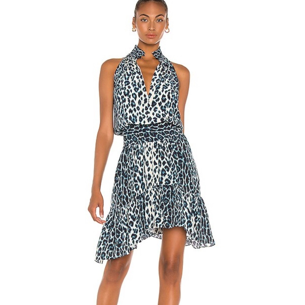 A.L.C. Cody Silk dress cream and blue asymmetrical leopard mini 4